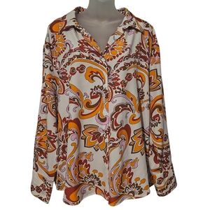 Umgee 2XL Paisley Print Button Down Lightweight Long Sleeve Blouse Cream Orange